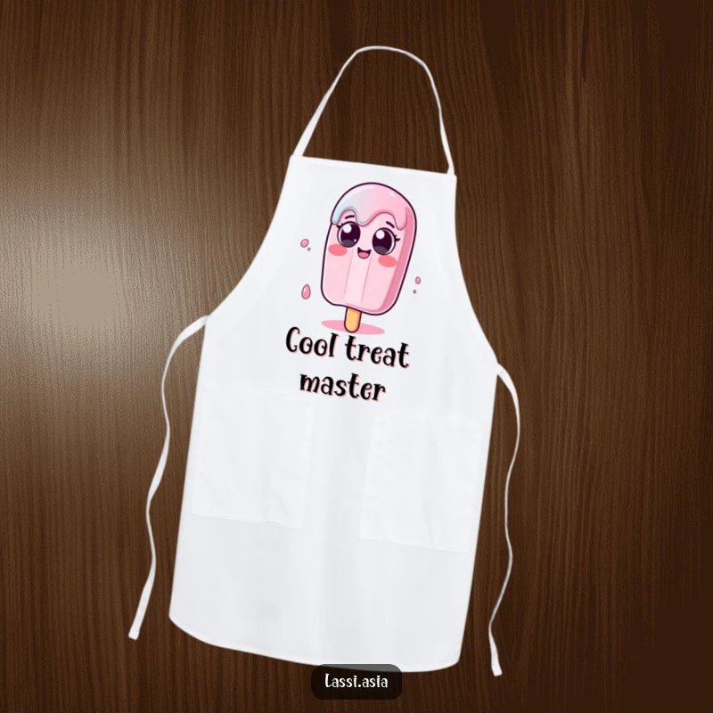 Funny melting popsicle character with wide eyes wobbling humorously on an apron, ideal for kitchen use.