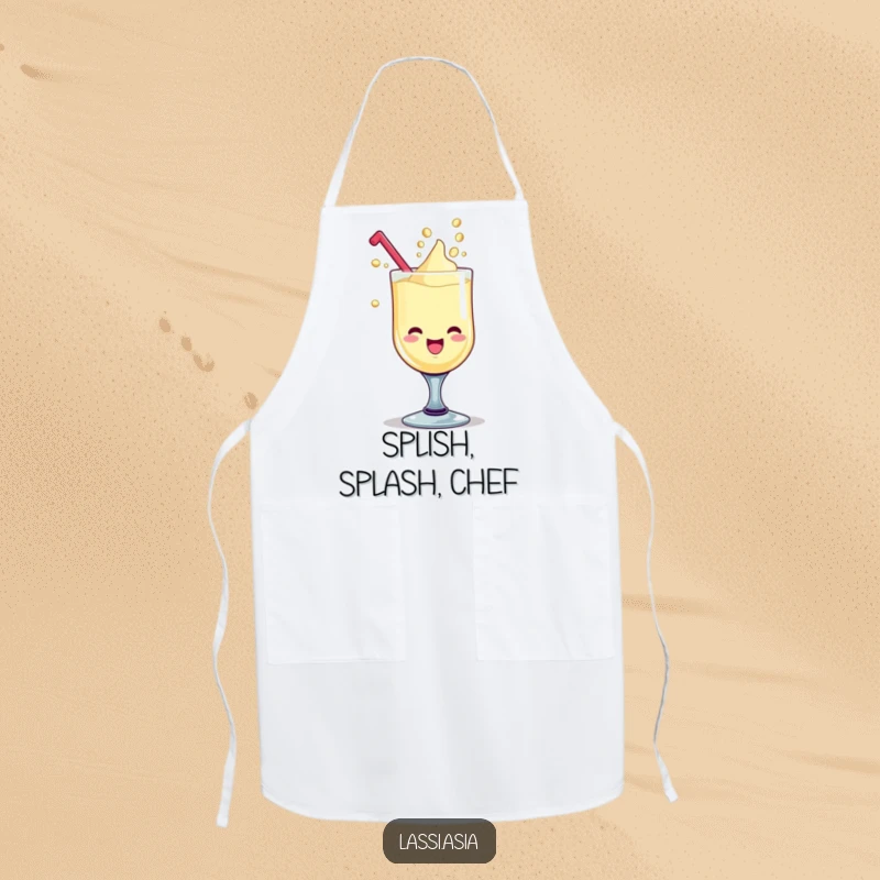 Funny delighted lassi goblet with giggling liquid drops forming playful shapes on an apron.