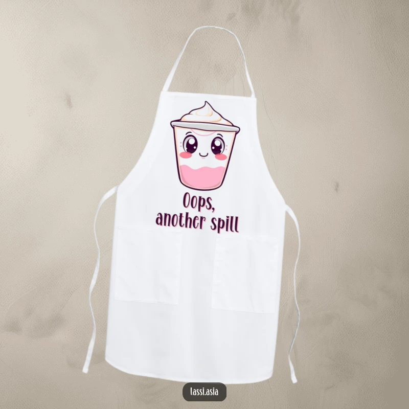 Funny wobbling yogurt cup character with curious eyes, tipping over slightly on an apron, bringing humor to the kitchen.
