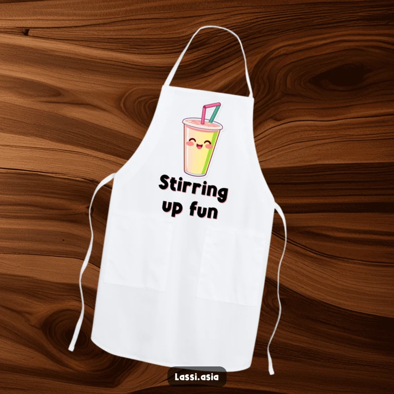 Funny smiling smoothie cup with straw, happily spinning with vibrant colors on an apron, bringing kitchen cheer.