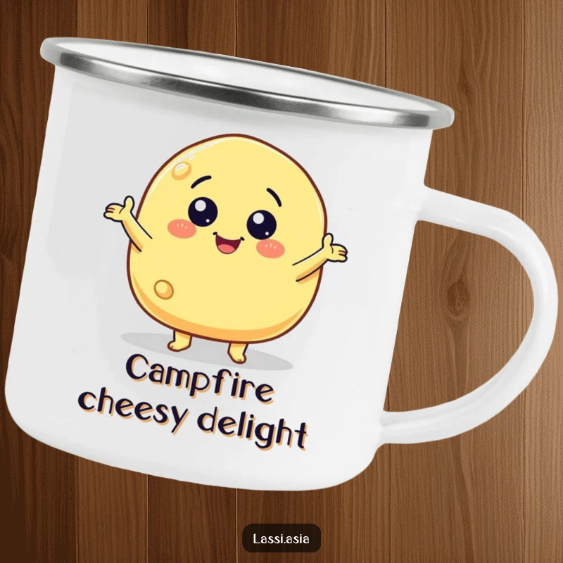 Funny smiling cheese puff character with little arms gesturing wildly on a durable camping mug for outdoor use.