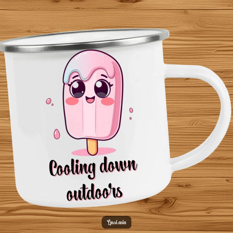 Funny melting popsicle character with wide eyes wobbling humorously on a durable camping mug for outdoor use.