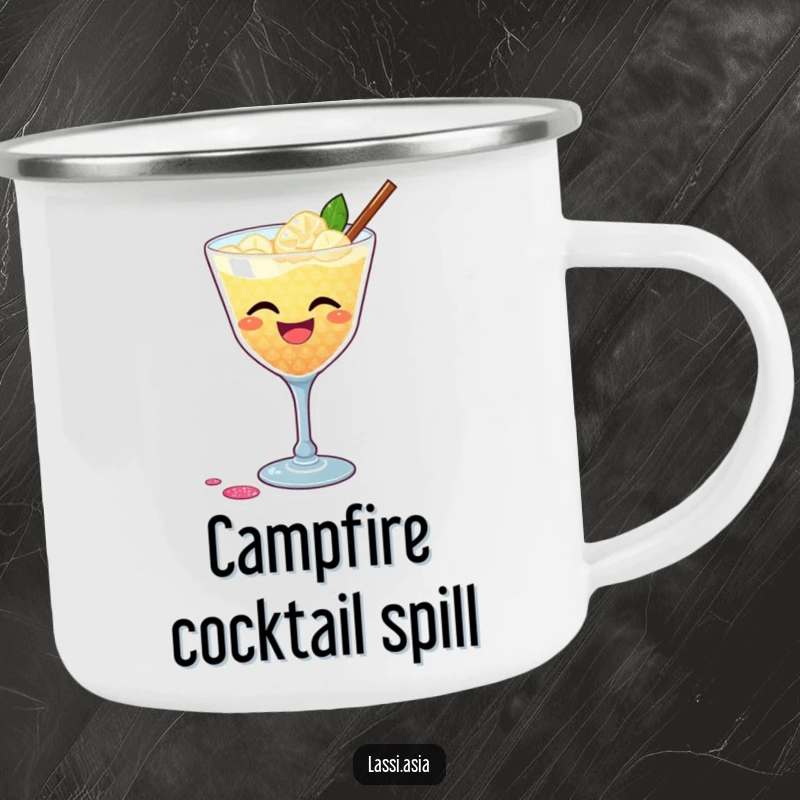 Funny camping mug showcasing a laughing cocktail with glittery shimmer, playfully spilling, designed for outdoor humor and festive enjoyment.