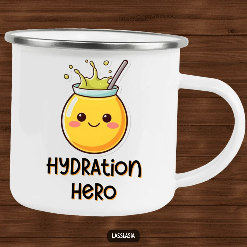 Funny juice camping mug showing a cheerful character splashing outwards, ideal for outdoor fun.