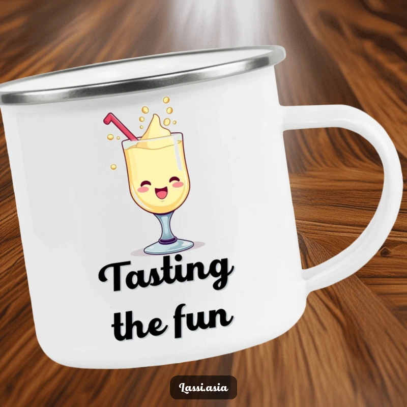 Funny delighted lassi goblet with giggling liquid drops forming playful shapes on a camping mug.