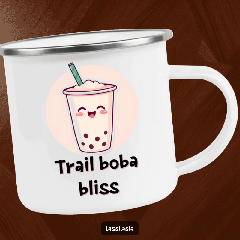 Funny cheerful cup of boba tea with a straw wiggling joyfully on a durable camping mug for outdoor use.