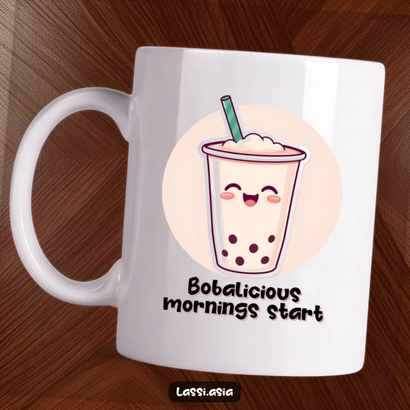 Funny cheerful cup of boba tea with a straw wiggling joyfully on a mug, celebrating happiness.