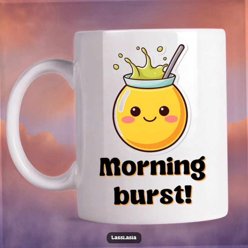 Funny juice container mug showing a cheerful, round character with simple eyes, happily splashing liquid outwards with glee.
