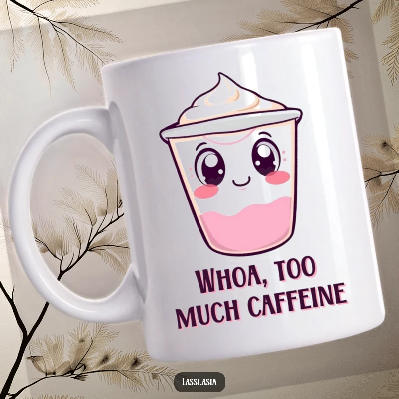 Funny wobbling yogurt cup character with curious eyes, tipping over slightly on a mug, conveying clumsy charm.