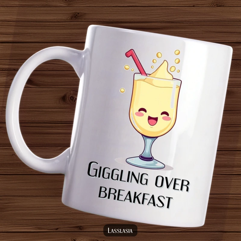 Funny delighted lassi goblet with giggling liquid drops forming playful shapes on a mug.