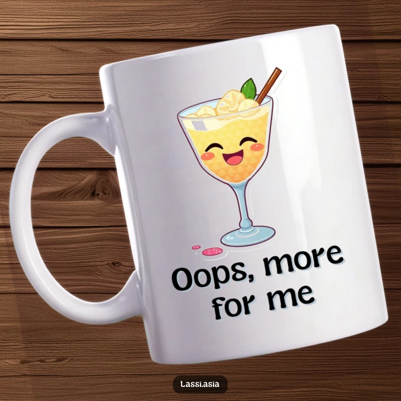 Funny mug showing a laughing cocktail with glittery shimmer accidentally spilling a small amount, capturing a moment of joyful celebration.