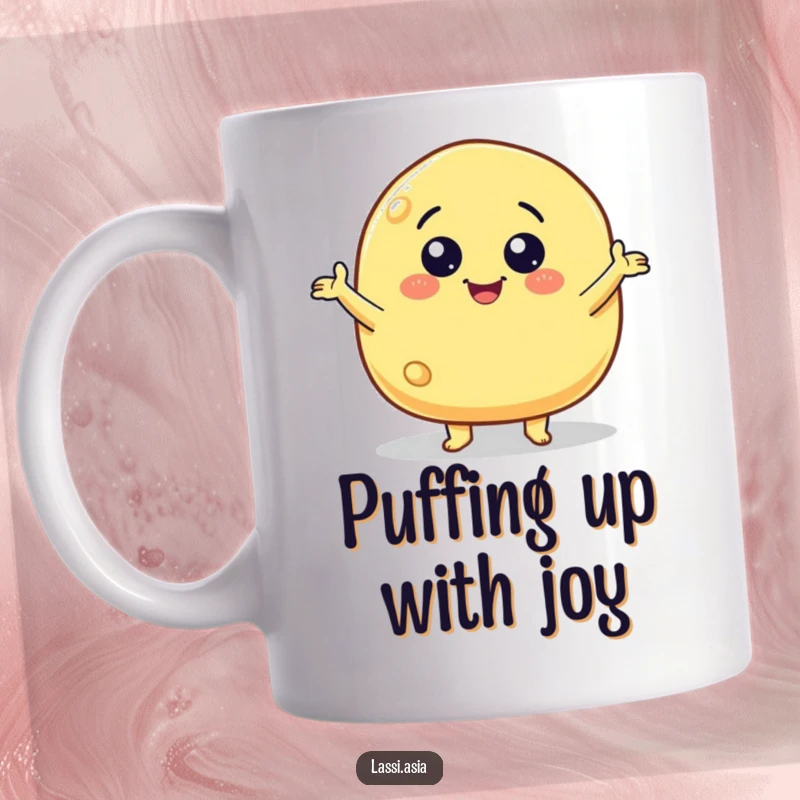 Funny smiling cheese puff character with little arms gesturing wildly on a mug, expressing fun and excitement.