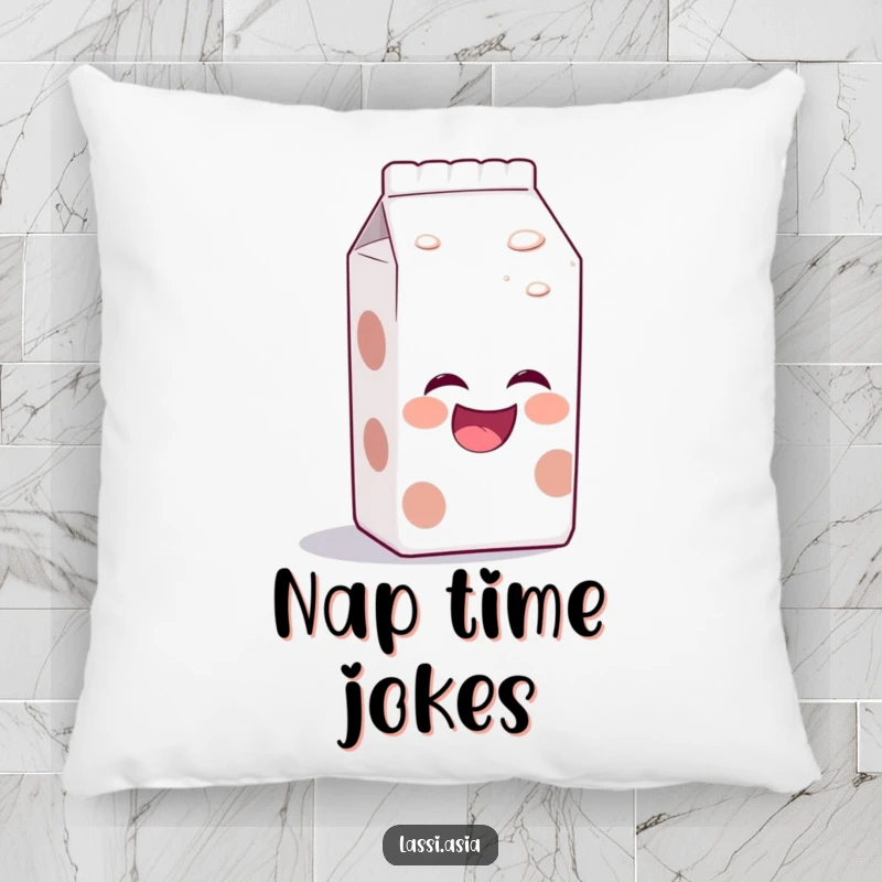 Funny laughing milk carton with bubbly aura, leaning forward as if telling a joke on a pillow.