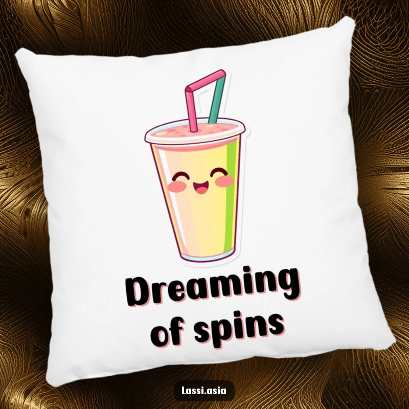 Funny smiling smoothie cup with straw, happily spinning with vibrant colors on a pillow, perfect for cuddling.