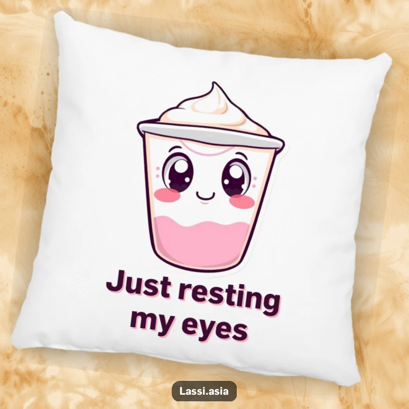 Funny wobbling yogurt cup character with curious eyes, tipping over slightly on a pillow, perfect for cozying up.