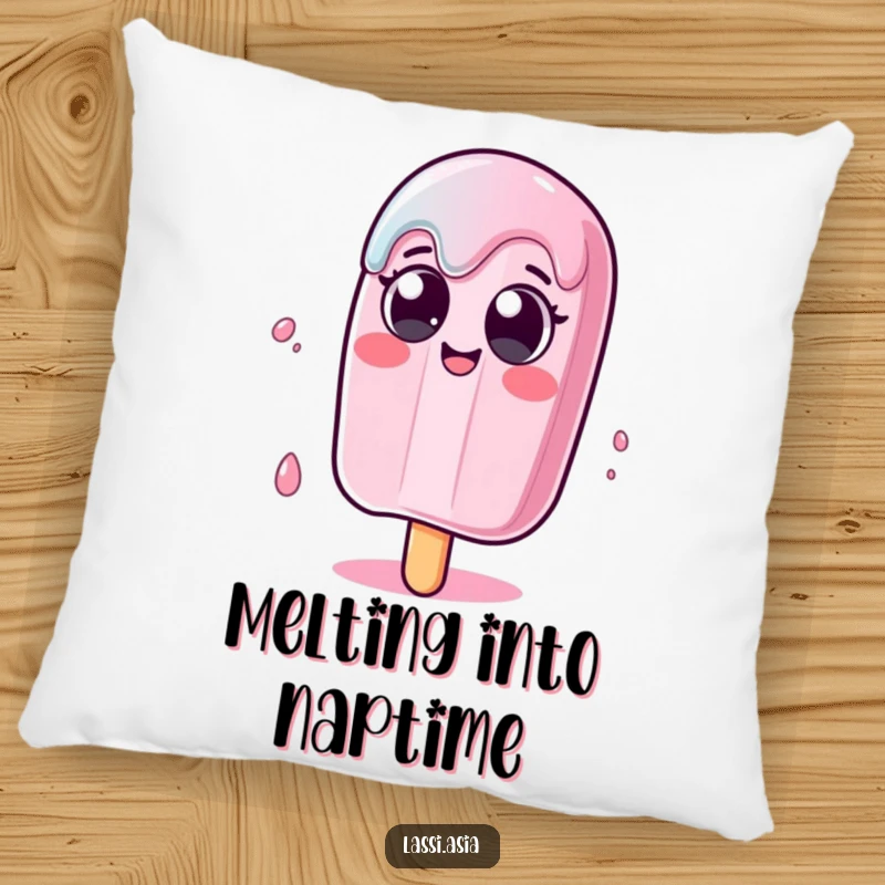 Funny melting popsicle character with wide eyes wobbling humorously on a soft pillow, perfect for relaxation.