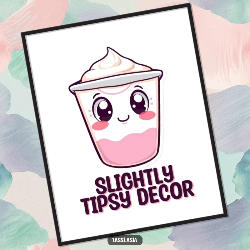Funny wobbling yogurt cup character with curious eyes, tipping over slightly as a downloadable digital art print.