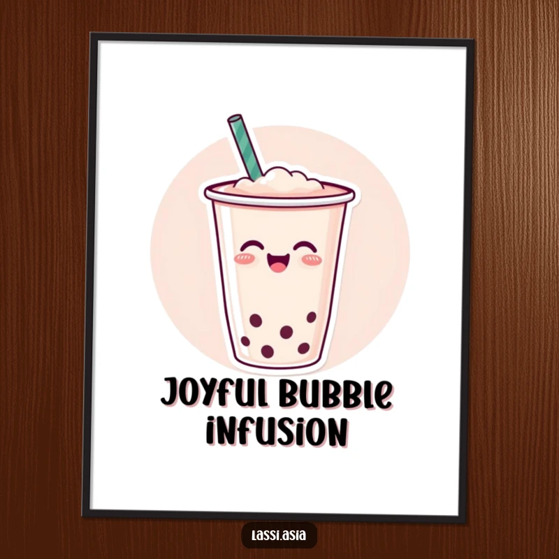 Funny cheerful cup of boba tea with a straw wiggling joyfully as digital art, full of joy.