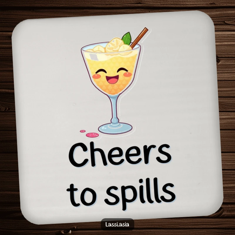 Funny drink coaster with a laughing cocktail and glittery shimmer, playfully spilling, for surface protection.