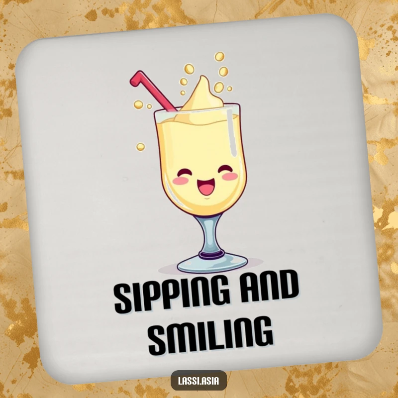 Funny delighted lassi goblet with giggling liquid drops forming playful shapes on a drink coaster.