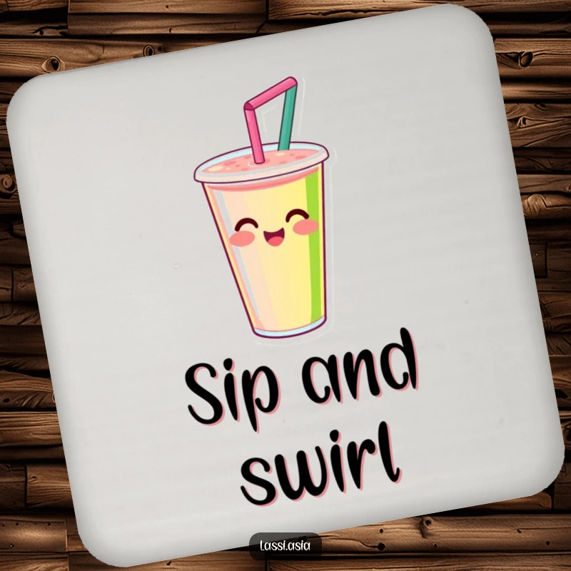 Funny smiling smoothie cup with straw, happily spinning with vibrant colors on a drink coaster, adding playful flair.