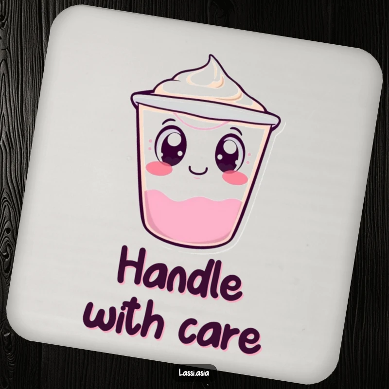 Funny wobbling yogurt cup character with curious eyes, tipping over slightly displayed on a drink coaster, adding charm.