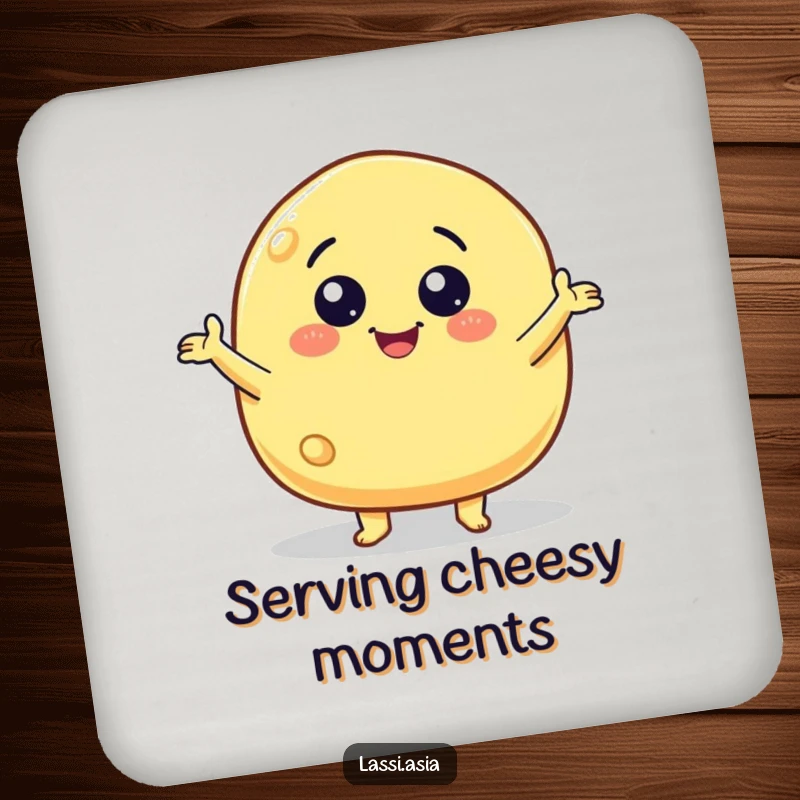 Funny smiling cheese puff character with little arms gesturing wildly on a drink coaster, safeguarding surfaces.