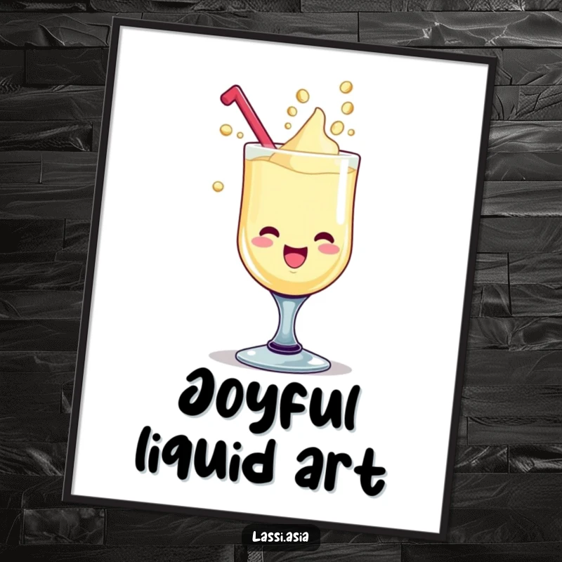 Funny delighted lassi goblet with giggling liquid drops forming playful shapes as a poster.