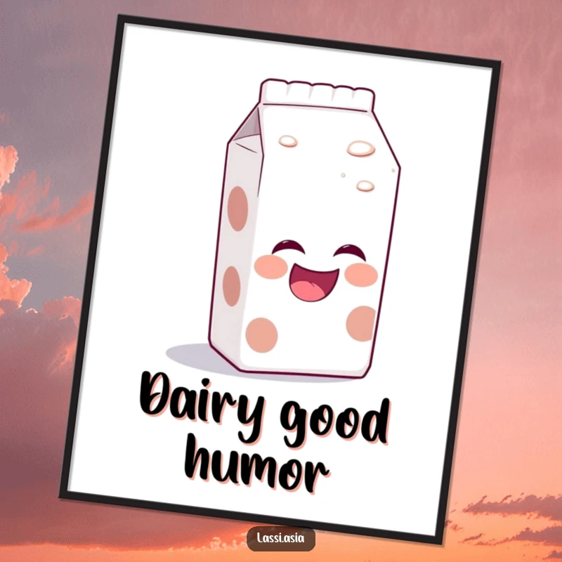 Funny laughing milk carton with bubbly aura, leaning forward as if telling a joke as a poster.