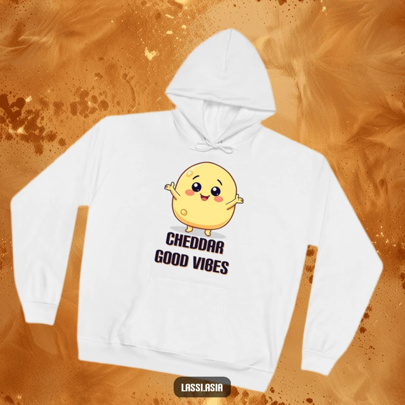 Funny smiling cheese puff character with little arms gesturing wildly on a hoodie, ready for anything.