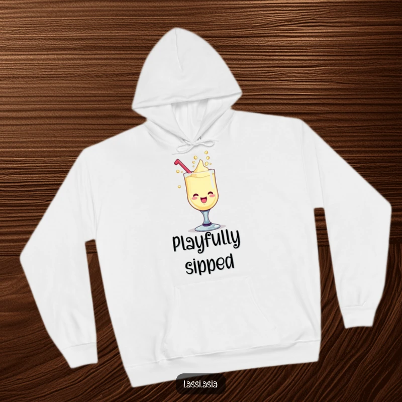 Funny delighted lassi goblet with giggling liquid drops forming playful shapes on a hoodie.