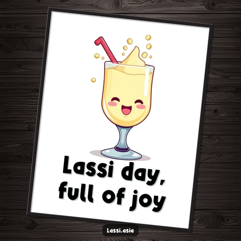 Funny Free Printable wall art: a delighted goblet of lassi, giggling with whimsical liquid drops forming funny, playful shapes.