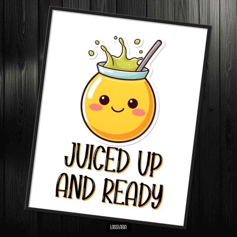 Funny Free Printable Wall Art: A round, cheerful juice container character with simple features, splashing liquid outwards with joy.