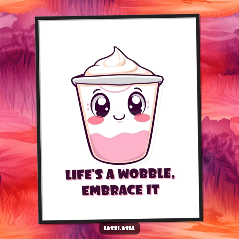 Funny Free Printable wall art of a wobbling yogurt cup character, eyes wide with curiosity as it tips precariously.