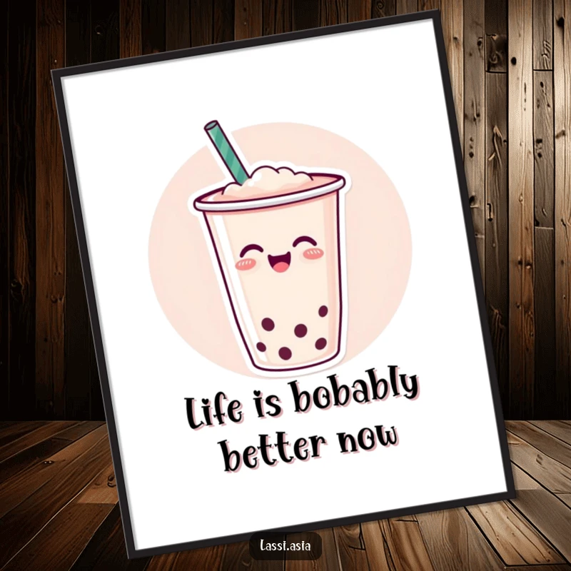 Funny Free Printable Wall Art: A cheerful boba tea cup with a straw wiggling joyfully, radiating happy vibes.