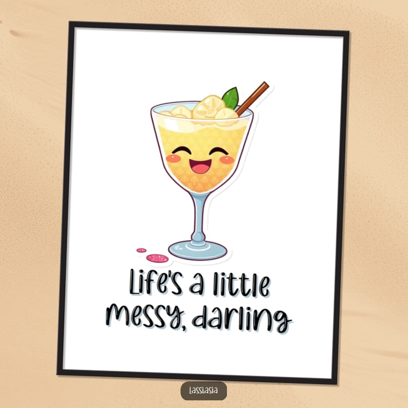Funny Free Printable wall art of a laughing cocktail glass with dazzling glitter shimmer, playfully spilling a tiny amount.