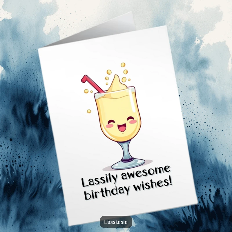 Funny Free Printable birthday card of a delighted goblet of lassi, giggling with liquid drops forming playful shapes.