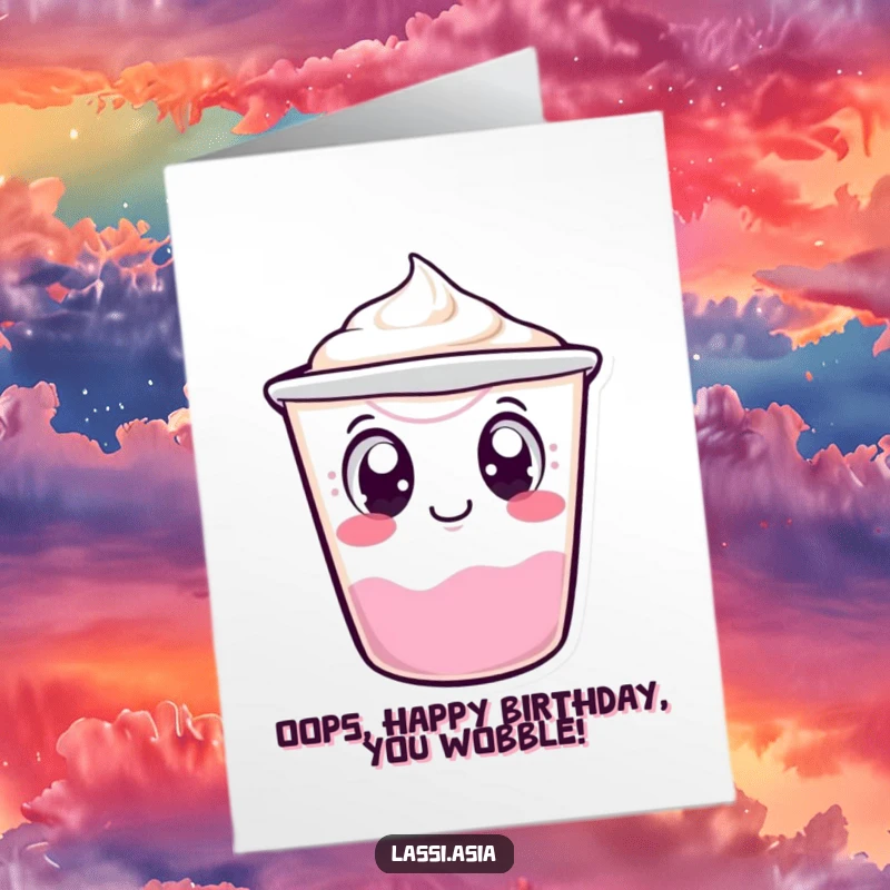 Funny Free Printable birthday card featuring a wobbling yogurt cup character with big curious eyes, about to topple over.