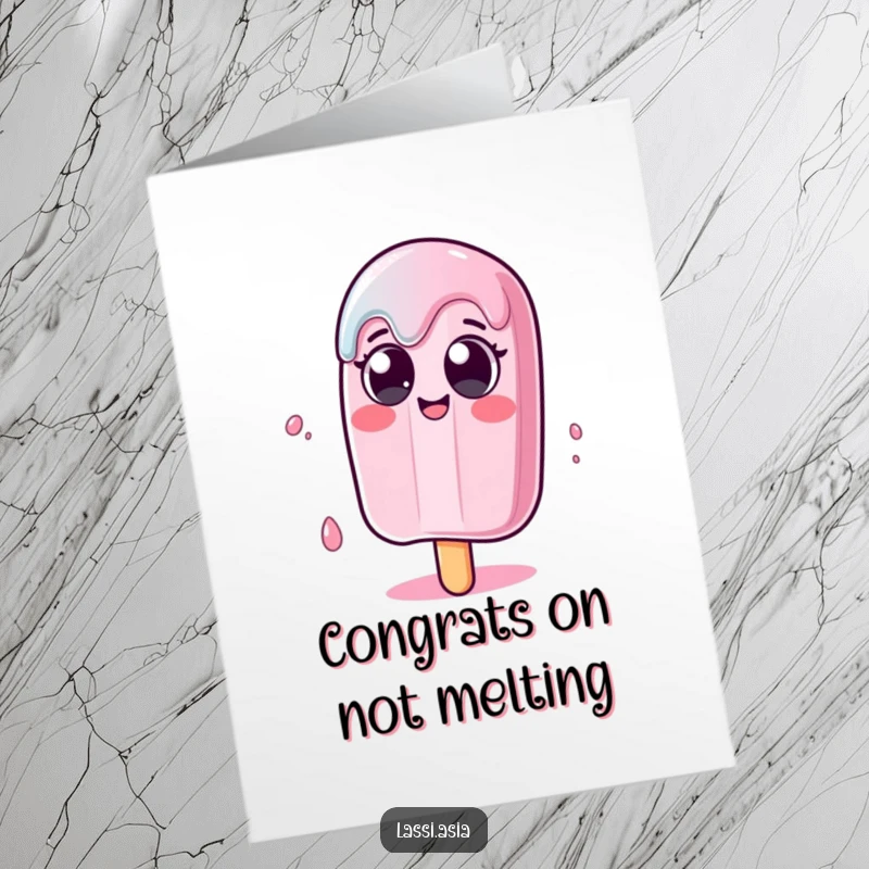 Funny Free Printable Congrats Card: A melting popsicle character with wide eyes wobbling, cooling down in celebration.