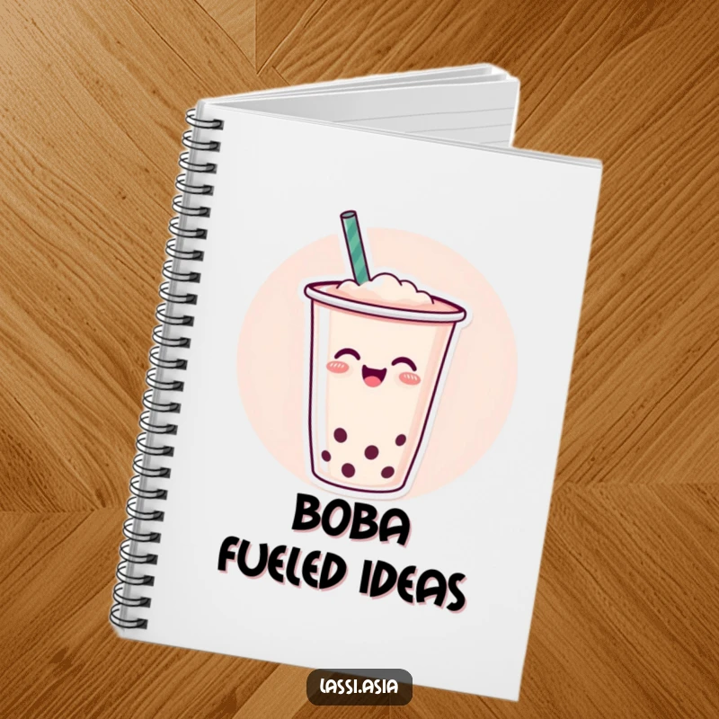 Funny cheerful cup of boba tea with a straw wiggling joyfully on a notebook, perfect for notes.