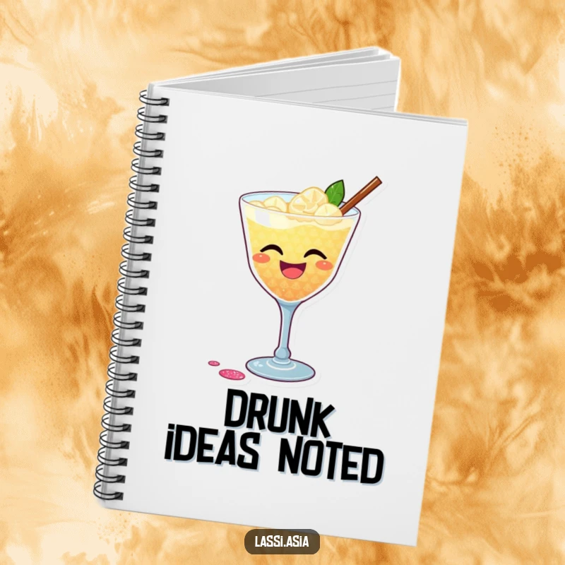 Funny notebook cover with a laughing cocktail and glittery shimmer, playfully spilling, for party planning.