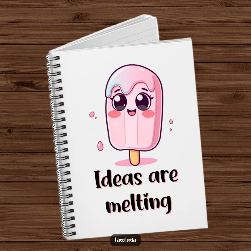 Funny melting popsicle character with wide eyes wobbling humorously on a notebook, perfect for notes.