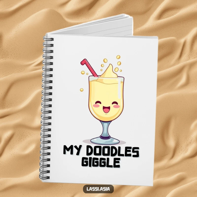 Funny delighted lassi goblet with giggling liquid drops forming playful shapes on a notebook.