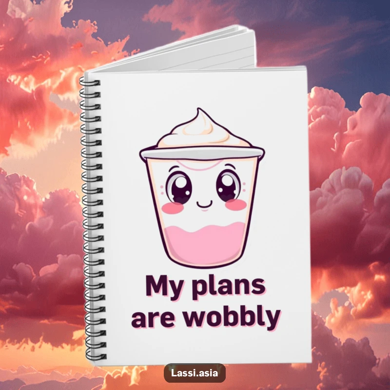 Funny wobbling yogurt cup character with curious eyes, tipping over slightly on a notebook cover, ready for notes.
