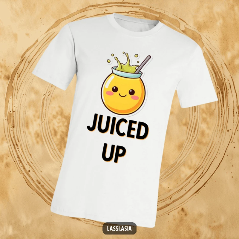 Funny juice t-shirt depicting a round, cheerful character with eyes and a mouth, energetically splashing liquid outwards.