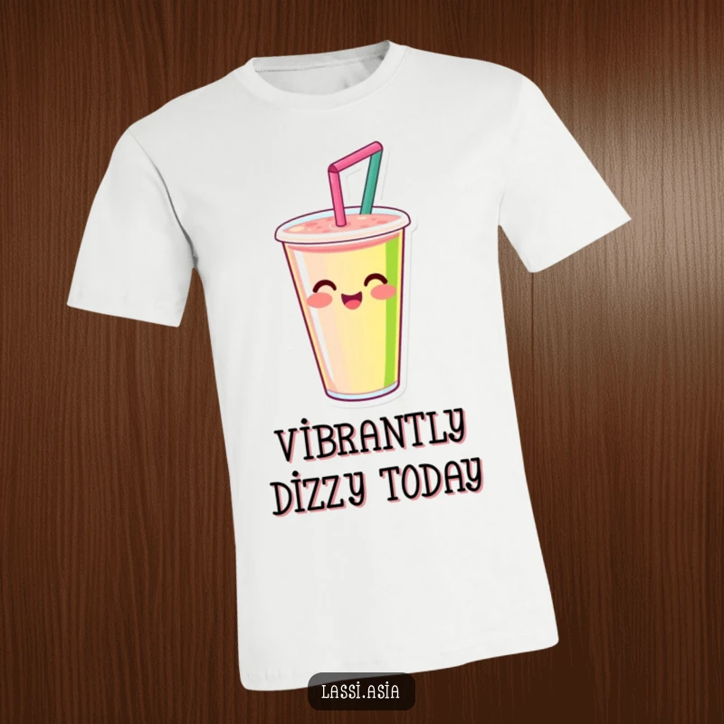 Funny smiling smoothie cup with straw, happily spinning with vibrant colors on a t-shirt, showcasing energetic fun.