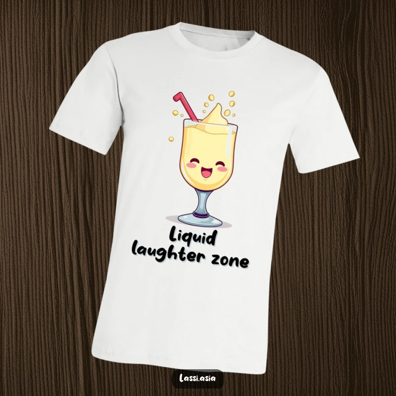 Funny delighted lassi goblet with giggling liquid drops forming playful shapes on a t-shirt.