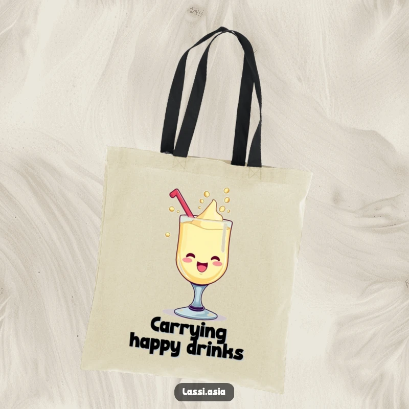 Funny delighted lassi goblet with giggling liquid drops forming playful shapes on a tote bag.
