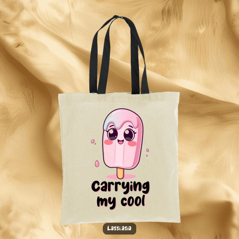 Funny melting popsicle character with wide eyes wobbling humorously on a durable tote bag, great for shopping.