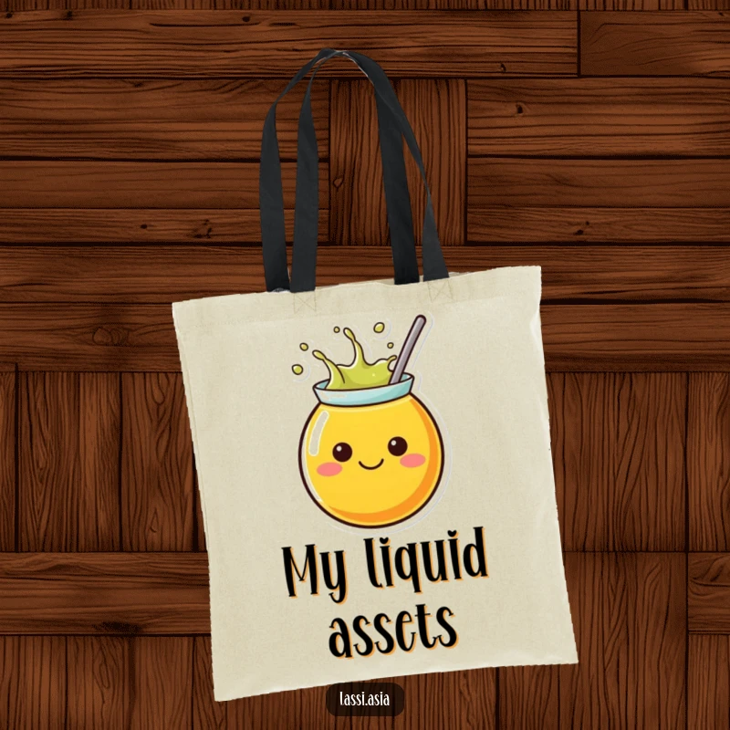 Funny juice tote bag with a cheerful, round character splashing outwards, perfect for carrying everyday items with flair.